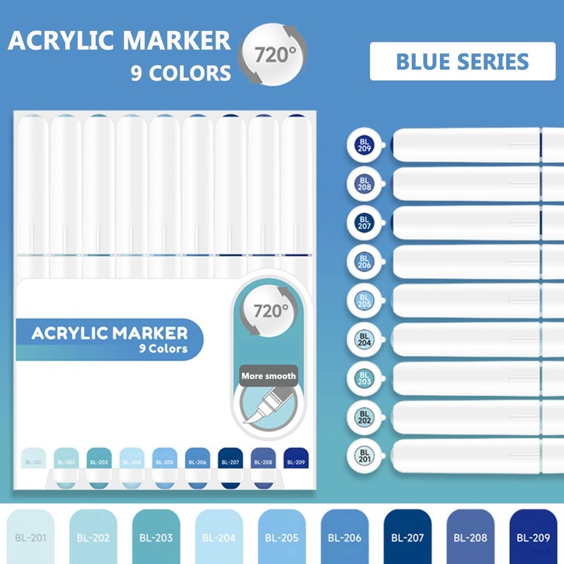 Yolaka Water Based Acrylic Paint Markers Blue, 9 Colors Acrylic Paint Pens Set with Soft Brush Tip, Marker Pen for Rock Painting, Egg, Wood, Glass, Paper, Mugs, Acrylic Painter Ink (Blue Series) - Image 2